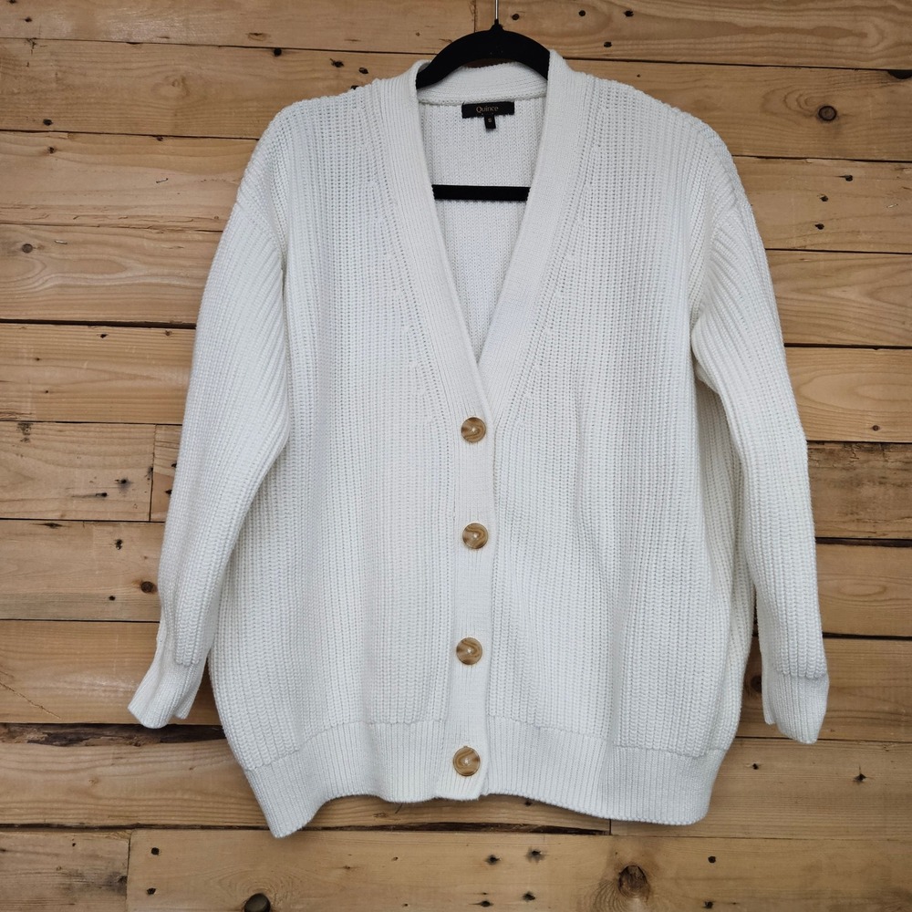 Quince White 100% Organic Cotton Oversized Boyfriend Cardigan Sweater S